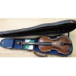 Cased 20th C Violin with two piece back (L36cm) and two bows with ebony tensioners (overall L60cm)