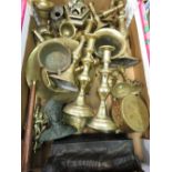 Pair of Victorian brass candlesticks with knocked stems, copper and brass hunting horn, and other