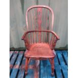 19th C ash and elm stickback Windsor armchair, on H shaped understretcher and turned supports