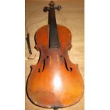 Early 20th C Violin, two piece back with scroll end (L51cm)