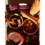 Collection of treen including a set of napkin rings on stand, turned yew fruit, coaster, bowls,