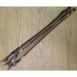 Six violin bows with rosewood tensioners, Mother of Pearl inlay and plated frogs (6)