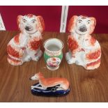 Pair of Victorian Staffordshire fireside Spaniels, red sponged decoration with gilt leads and