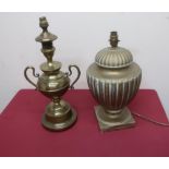Large gold ribbed urn-shaped table lamp and a brass two handled table lamp (2)