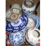 20th C Famille rose bowl (D21cm), Chinese blue and white wall plaque, prunus decoration with crimped