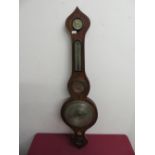19th C mahogany wheel barometer with painted decoration, signed Bowles Dunstable, H94cm, dial D21cm