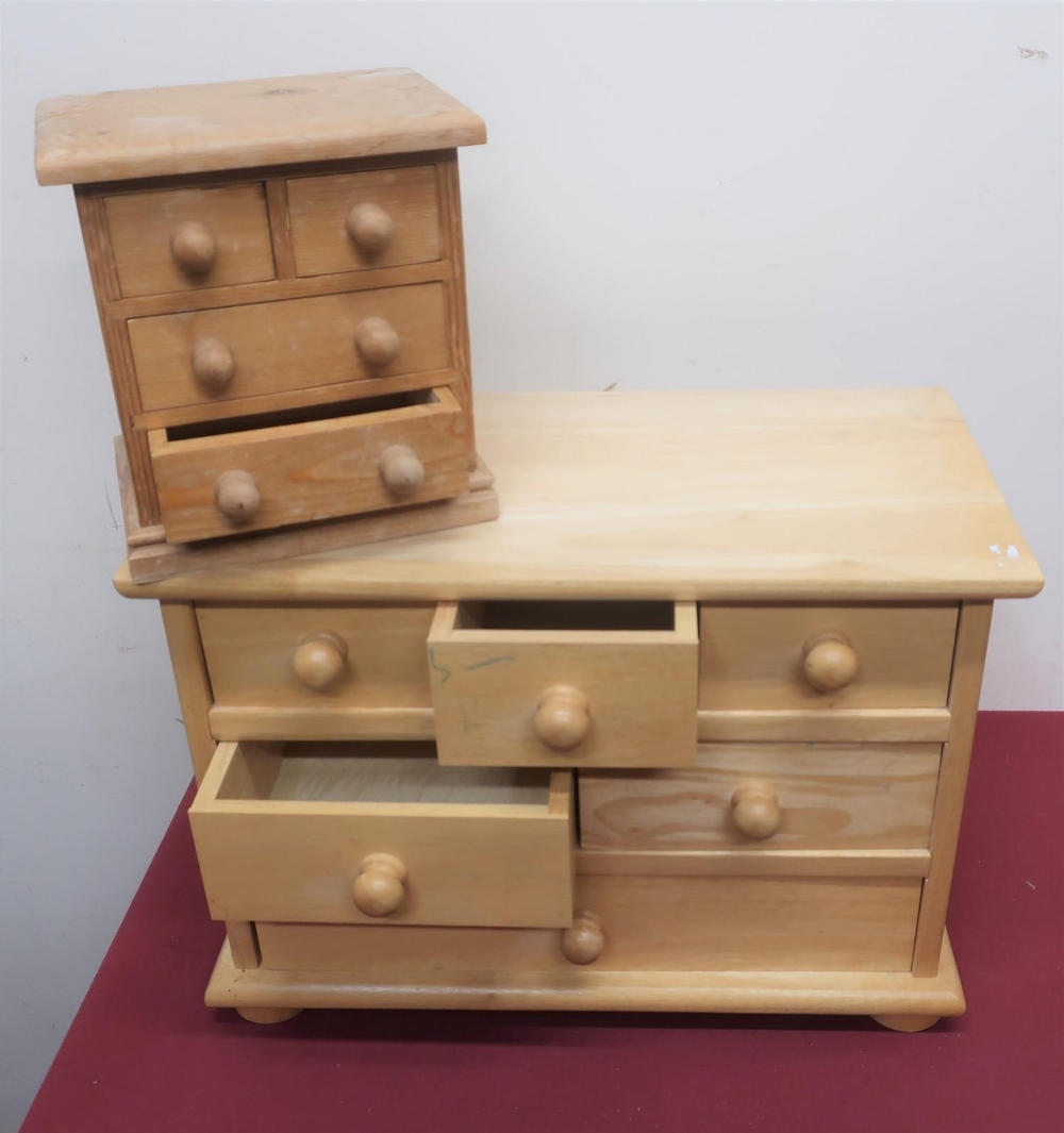 Small miniature pine chest with two short above two long drawers W19cm H20cm D13cm, a small beech