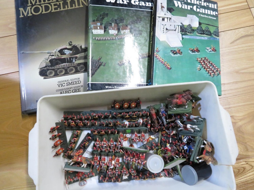 Selection of quality painted military gaming figures mainly Romans, and three war game books -