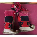 Pair of 20th C Mongolian red cotton and felt boots, and a South East asian embroidered velvet hat