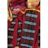 Mandarian style burgundy cotton robe, and three headdresses with fur trim