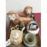 Pair of 20th C staffordshire style lions (1 A/F), a 19th C salt glazed jug, and other decorative