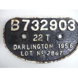 Cast iron and painted wagon plate B732903 22T Darlington 1956 Lot No. 2867 (28cm x 16.5cm)