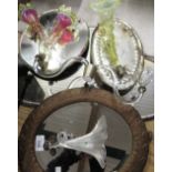 Oval Girandole mirror with a pair of Vaseline glass trumpet vases with green frilled decoration,