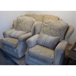 Traditional wingback three piece suite, upholstered in honey fabric with contrasting patterned
