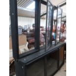 Large shop display cabinet with three glazed cupboards and three large glazed shelves H221cm