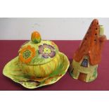 Carlton Ware castor in the form of a cottage, with painted decoration and steep roof H14cm,