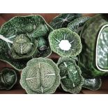 20th C Portuguese green glazed leaf moulded salad service comprising large salad bowl, plates,