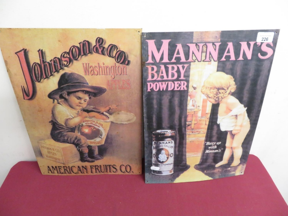 Two reproduction advertising signs "Mannan's Baby Powder" and Johnson & Co. "Washington Apples" (2)