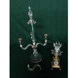 Early 20th C four branch cut glass candelabra with silver plated fittings and a Late 19th C brass