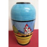 Unusual Carlton Ware vase decorated with tall buildings in a wooded landscape on a blue ground, mark