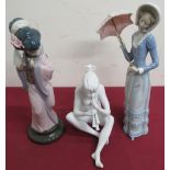 Lladro porcelain figurine of a geisha, a similar figure of a lady with a parasol and a Kaiser bisque