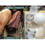 1950's composition butchers displays of joints of meat, a Gamers cider woodpecker, three piece brass