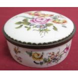 19th C continental gilt metal mounted porcelain circular box hand painted with flowers, with