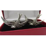 Pair of Sterling silver cuff links in the form of Swifts, stamped Sterling, boxed (2)