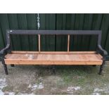 20th C painted pine bench with open arms (stripped for re-upholstery) W255cm D43cm H106cm