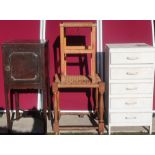 Set of three various tea trolleys, two stools with raffia weave, single bedside cabinet, and a