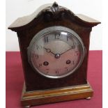 Early 20th C mahogany and burr walnut mantel clock, silvered Arabic dial in silver plated bezel,