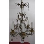 20th C continental glass chandelier with six gilt metal branched with urn sconces hung with