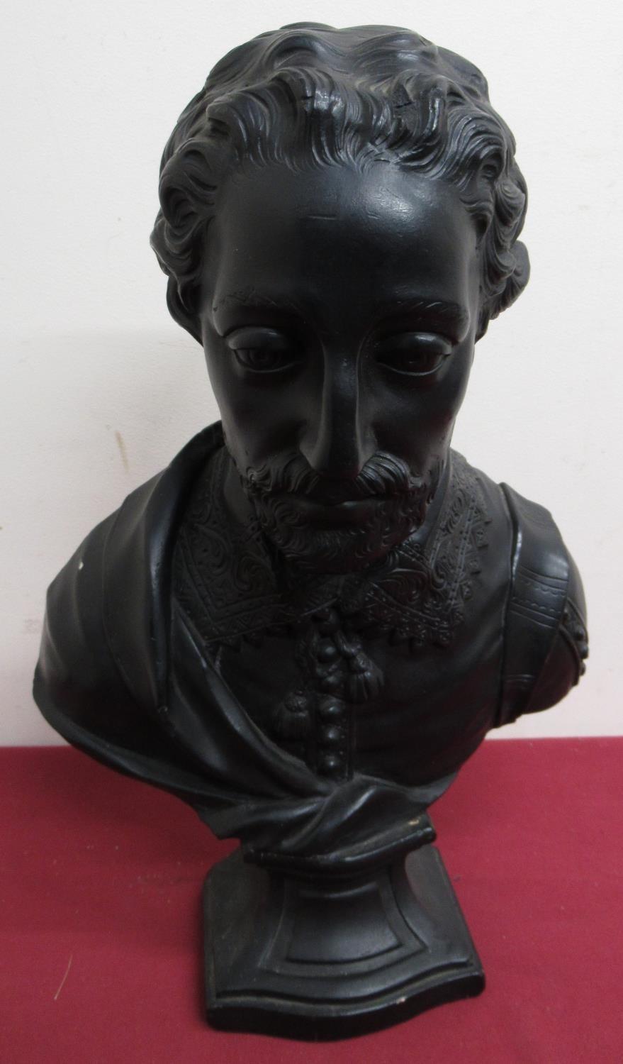 20th C painted plaster bust of a gentleman, possibly Francis Drake, impressed marks H42cm