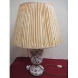 20th C gilt metal mounted pottery table lamp, transfer printed floral pattern baluster body with