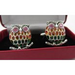 Pair of silver and plique a jour Owl cufflinks, stamped 925, boxed