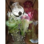 Collection of cranberry, vaseline and other glass Epergne trumpet shaped vases, two shield shaped