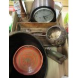 Large Eastern turned wooden bowl and ladle, twin section cutlery box, Smiths mantel clock, wooden