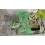 Green vaseline glass trumpet vase on scroll support with mirror base H32cm, similar clear basket,