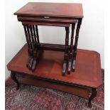 Nest of three Regency style mahogany tables on turned supports W54cm D35cm H57cm and a rectangular