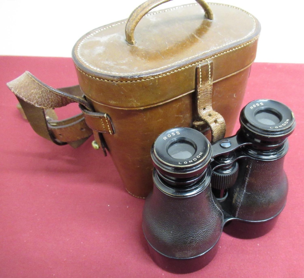 Pair of Galilean binoculars/field glasses by Ross of London, in original tan leather case