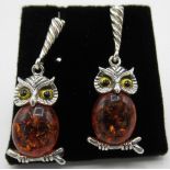 Pair of silver and amber style Owl earrings, stamped 925, boxed