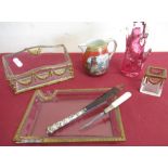 20th C three piece glass desk set with gilt neo classical design gilt metal mounts, tortoiseshell