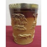 Doulton Lambeth type glazed stoneware beaker with relief moulded country scenes and hallmarked