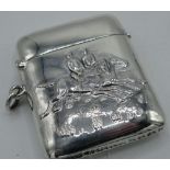 Sterling silver rectangular vesta case, relief decorated with horses, stamped Sterling, H5cm, .8oz