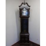 Georgian style oak long cased clock, with swan neck pediment above arched brass "tempus fuigit"