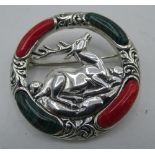 Silver and enamel circular Scottish style deer brooch, stamped Silver, D3.75cm