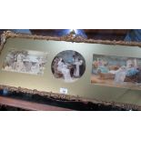 Three Victorian hand tinted photographs of children interiors, etc, mounted as one in gilt wood