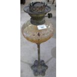 Victorian oil lamp with hobnail cut glass reservoir on slender brass column support with lobed