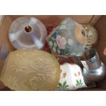 Collection of various 20th C glass light shades, including red star, pink tint, vaseline tint opaque