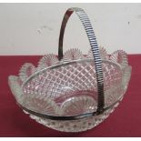 Early 20th C strawberry cut glass oval waived edge bonbon basket, continental white metal swing